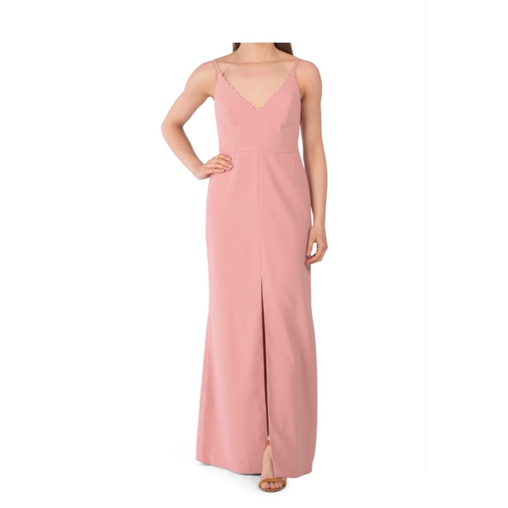 LELA ROSE | 14 | high slit v neck sleeveless gown w/ pearl details at neckline
